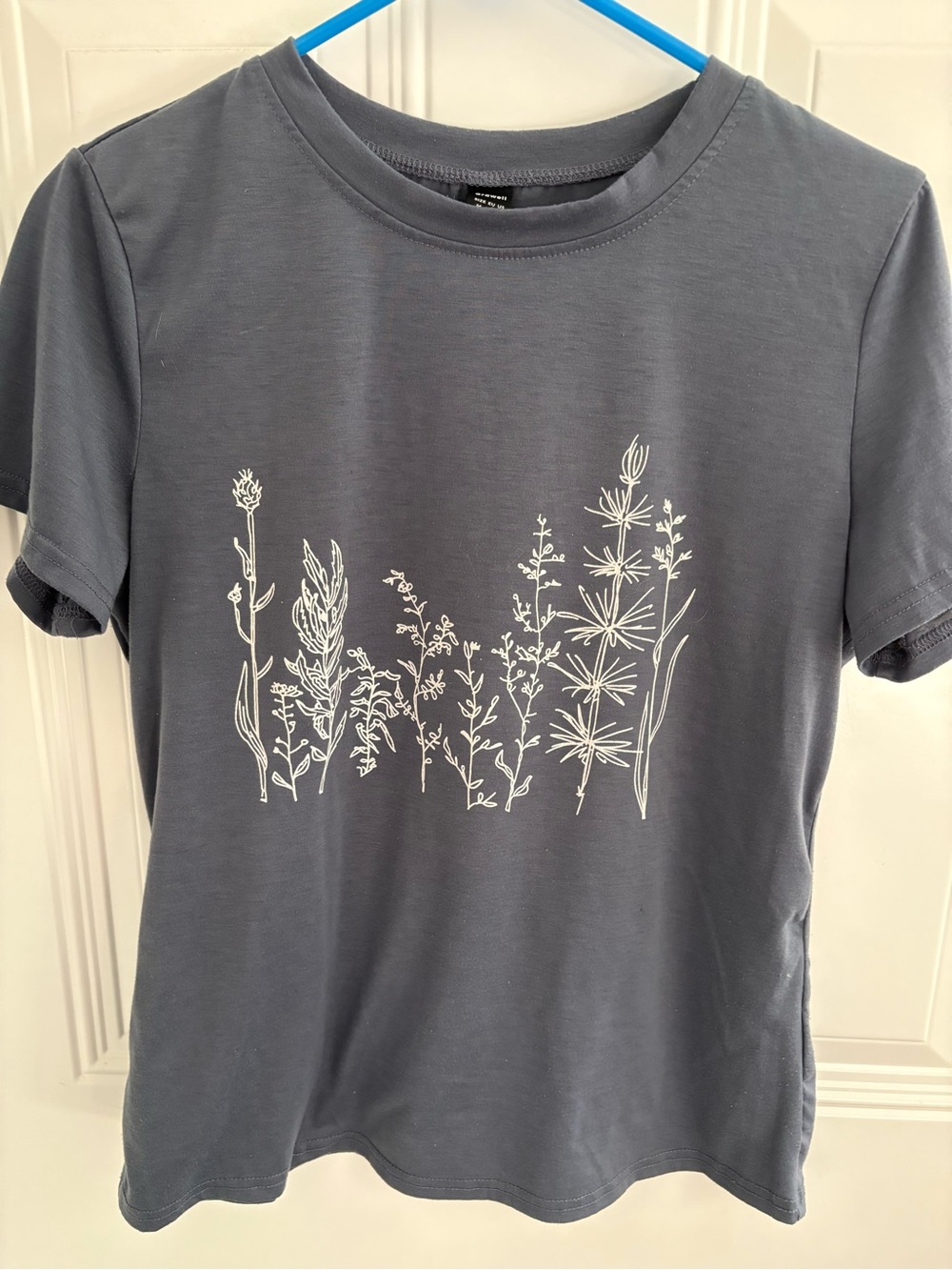 Women's Slate Blue Short Sleeve Tee with White Floral Line Art